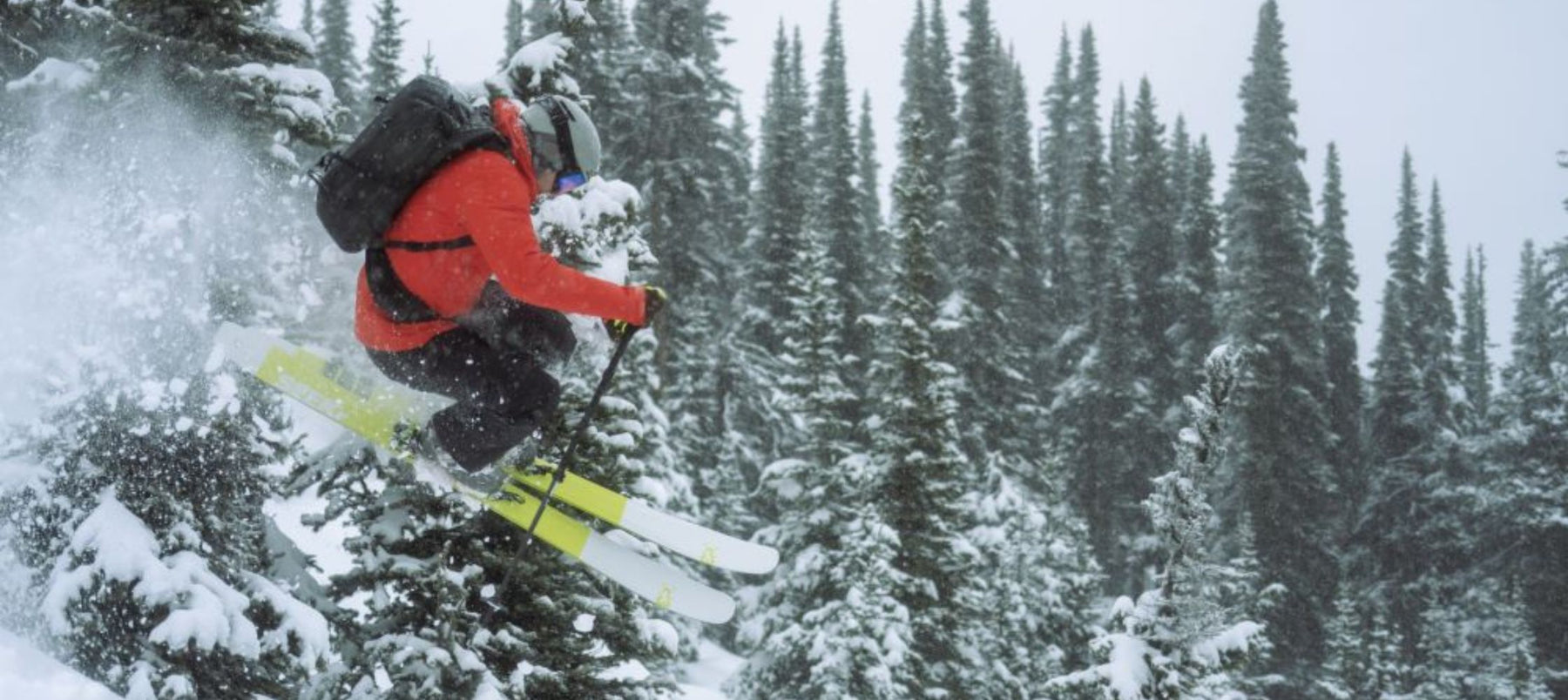 skier mid air with trees in background